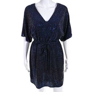 NEW Apricot Navy Blue‎ Sequin Cocktail Dress Size S Batwing Belted Party Classic